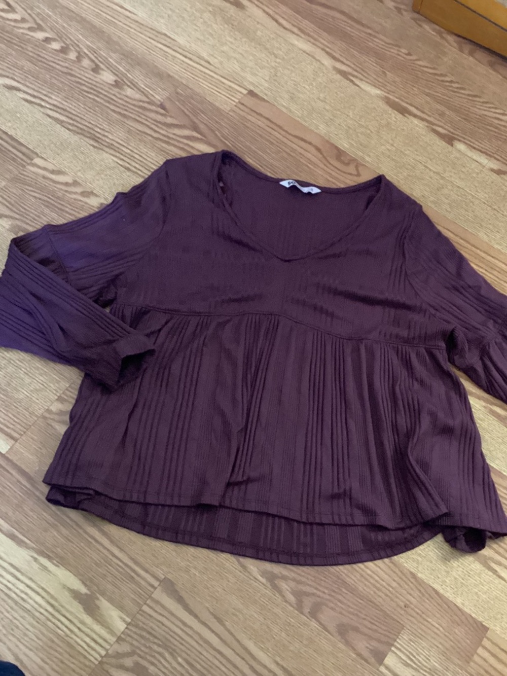 SO Eggplant Ribbed Baby Doll Balloon Sleeve Knit Top Size XL